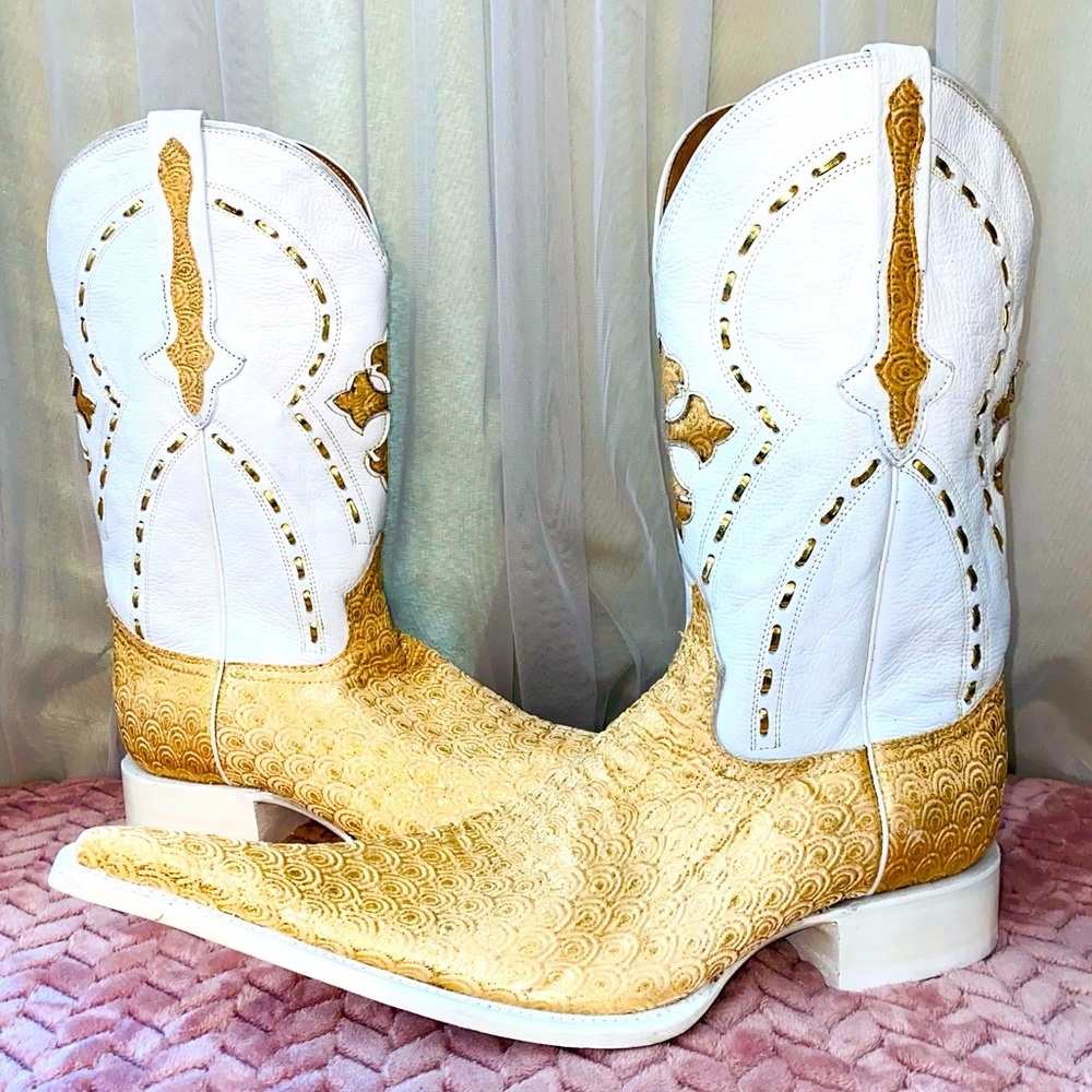 El General 1901 Mexico Pointy Toe Gold Sequins White Leather Cowboy Boots 10.5